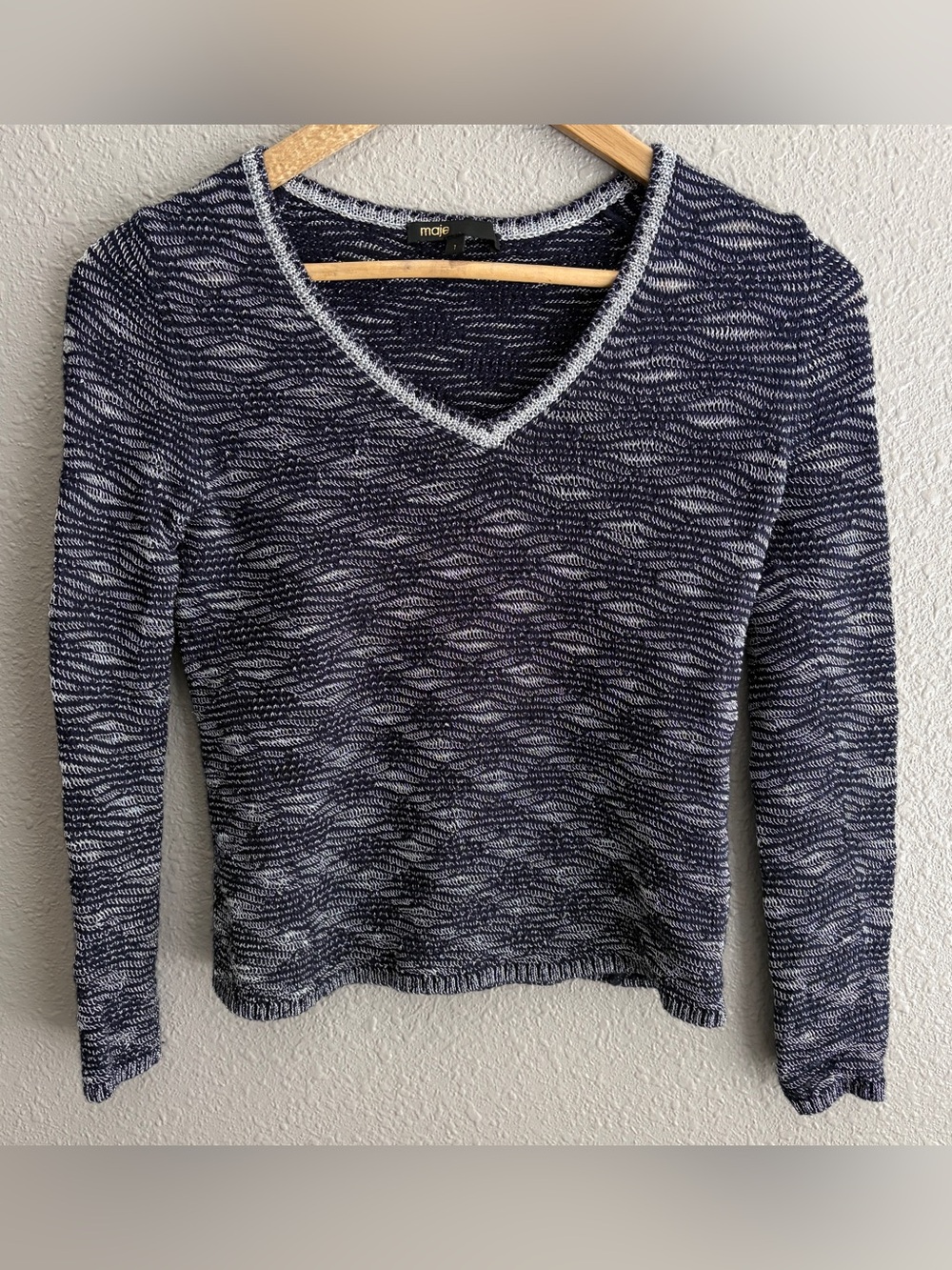 Maje Navy Silver Metallic Long Sleeve V-neck Cotton‎ Wool Blend Sweater